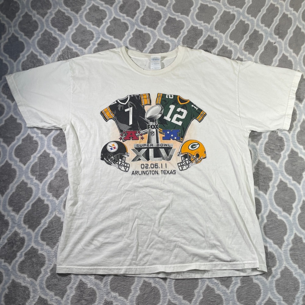 Gildan Super Bowl XLV T-Shirt Men XL White Steelers vs Packers 2011 Graphic Tee